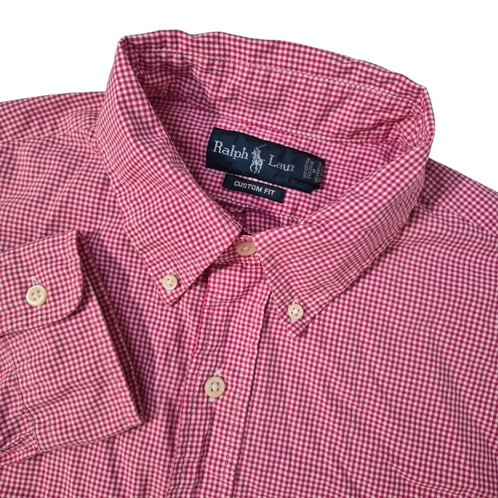 Ralph Lauren Button Down Shirt Mens L Custom Fit Pink Gingham Cotton Preppy Pony